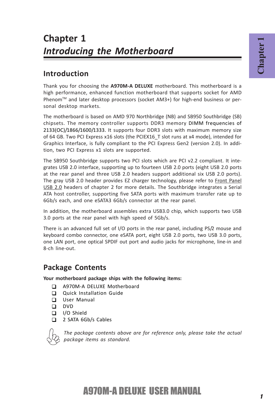 Chapter 1 introducing the motherboard, A970m-a deluxe user manual, Chapter 1 | Introduction, Package contents | Elitegroup A970M-A DELUXE (V1.0) User Manual | Page 5 / 74