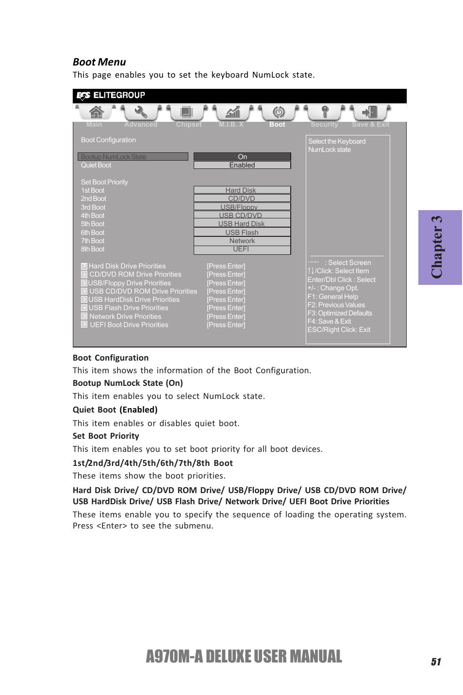 A970m-a deluxe user manual, Chapter 3, Boot menu | Elitegroup A970M-A DELUXE (V1.0) User Manual | Page 55 / 74