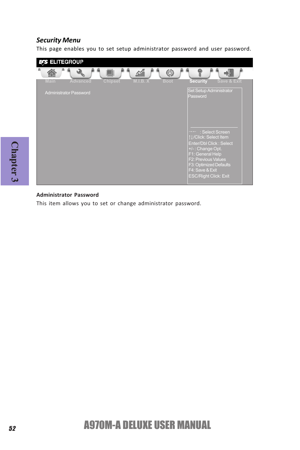 A970m-a deluxe user manual, Chapter 3, Security menu | Elitegroup A970M-A DELUXE (V1.0) User Manual | Page 56 / 74