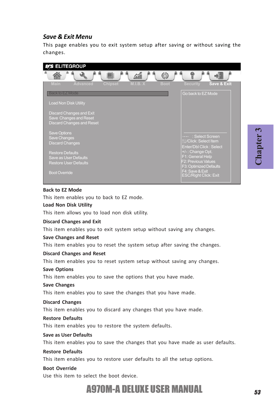 A970m-a deluxe user manual, Chapter 3, Save & exit menu | Elitegroup A970M-A DELUXE (V1.0) User Manual | Page 57 / 74