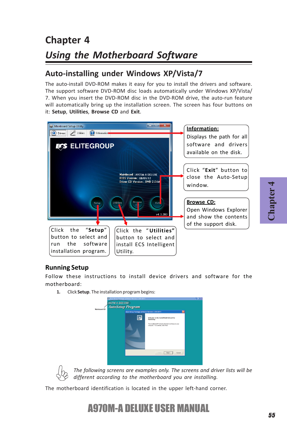 Chapter 4 using the motherboard software, A970m-a deluxe user manual, Chapter 4 | Auto-installing under windows xp/vista/7 | Elitegroup A970M-A DELUXE (V1.0) User Manual | Page 59 / 74