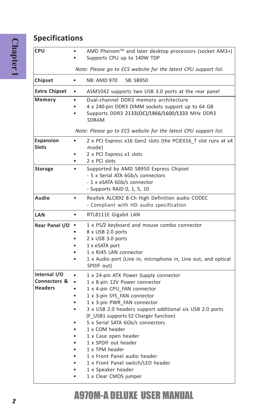 A970m-a deluxe user manual, Chapter 1, Specifications | Elitegroup A970M-A DELUXE (V1.0) User Manual | Page 6 / 74