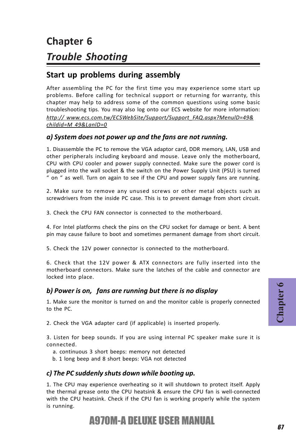 Chapter 6 trouble shooting, A970m-a deluxe user manual, Chapter 6 | Start up problems during assembly | Elitegroup A970M-A DELUXE (V1.0) User Manual | Page 71 / 74