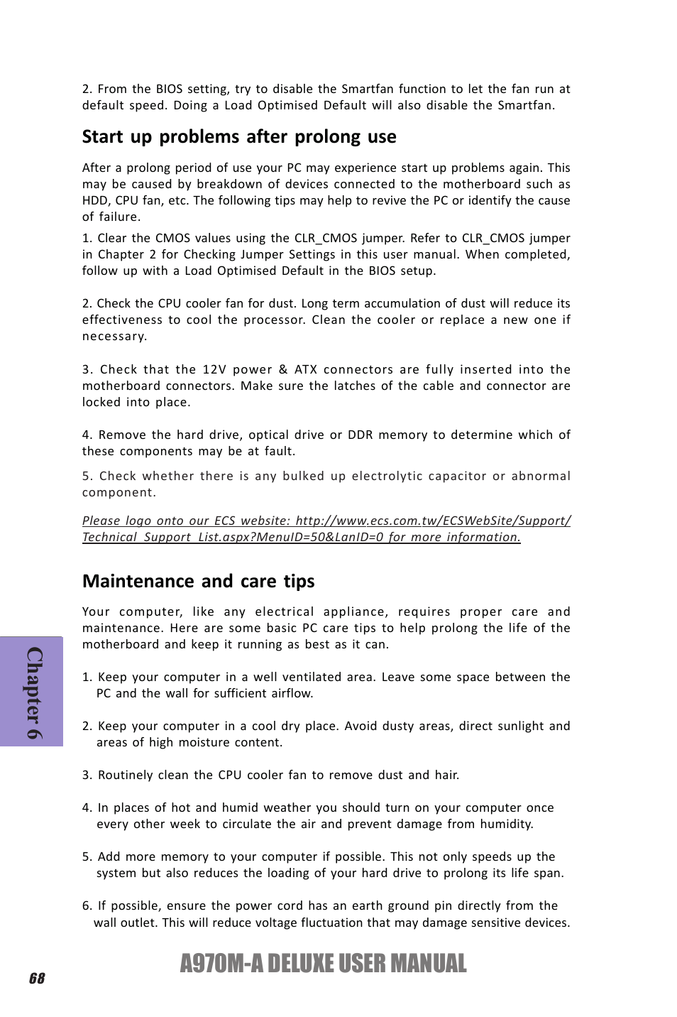 A970m-a deluxe user manual, Chapter 6, Start up problems after prolong use | Maintenance and care tips | Elitegroup A970M-A DELUXE (V1.0) User Manual | Page 72 / 74