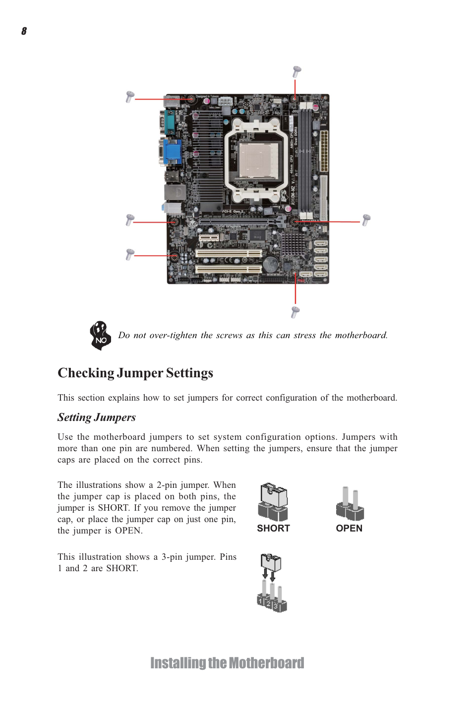 Installing the motherboard, Checking jumper settings | Elitegroup A960M-M2 (V1.0) User Manual | Page 12 / 68