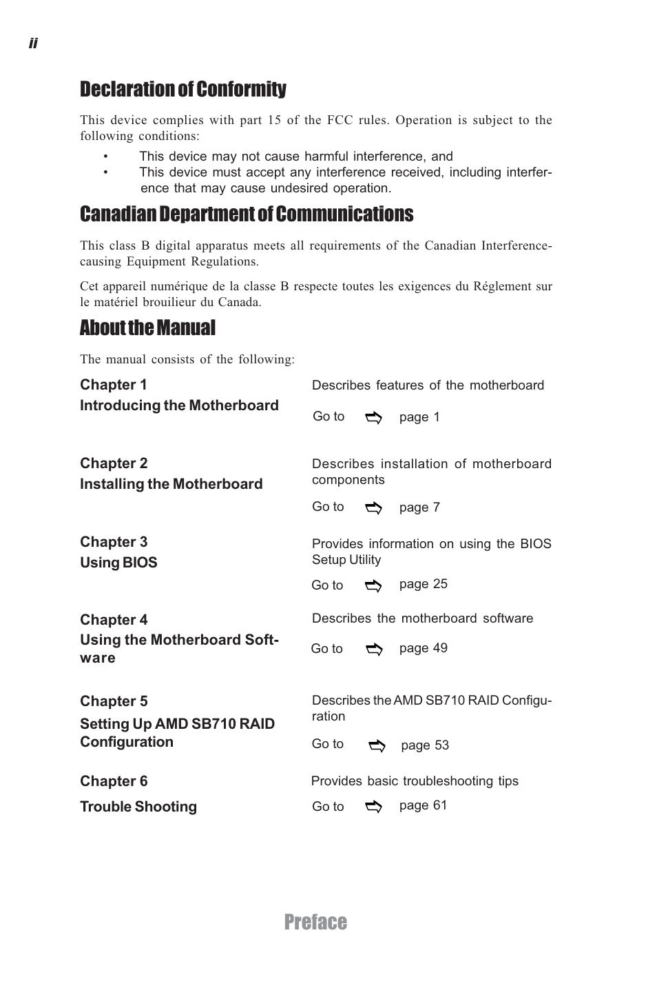 Preface declaration of conformity, Canadian department of communications, About the manual | Elitegroup A960M-M2 (V1.0) User Manual | Page 2 / 68