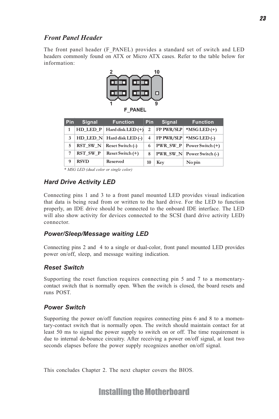 Installing the motherboard, Front panel header, Reset switch | Power switch, Power/sleep/message waiting led, Hard drive activity led | Elitegroup A960M-M2 (V1.0) User Manual | Page 27 / 68