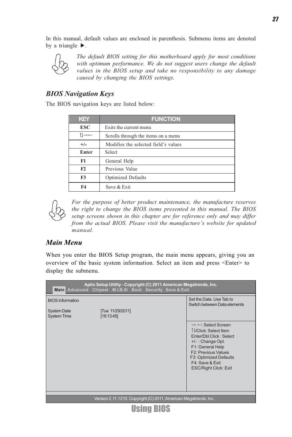 Using bios, Bios navigation keys, Main menu | Elitegroup A960M-M2 (V1.0) User Manual | Page 31 / 68