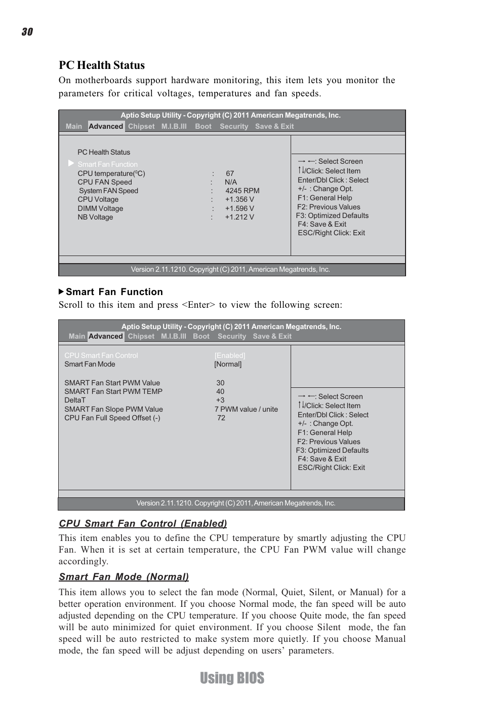 Using bios, Pc health status, Lk mn | Elitegroup A960M-M2 (V1.0) User Manual | Page 34 / 68