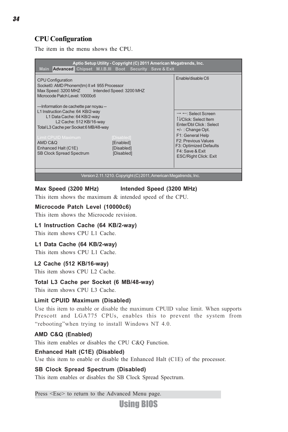 Using bios, Cpu configuration | Elitegroup A960M-M2 (V1.0) User Manual | Page 38 / 68