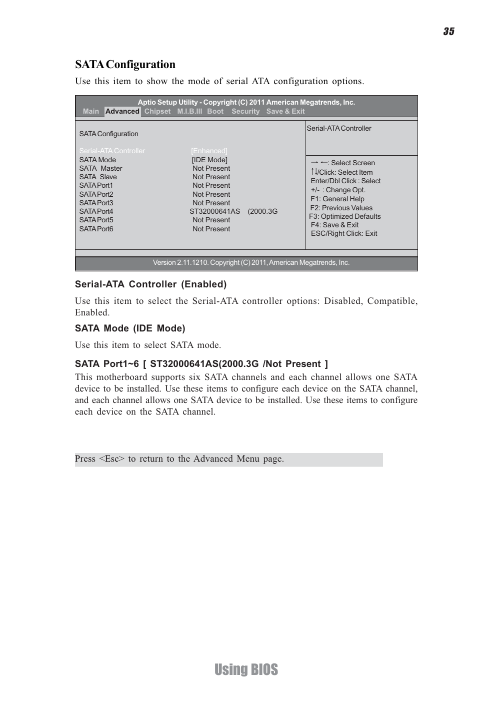 Using bios, Sata configuration | Elitegroup A960M-M2 (V1.0) User Manual | Page 39 / 68