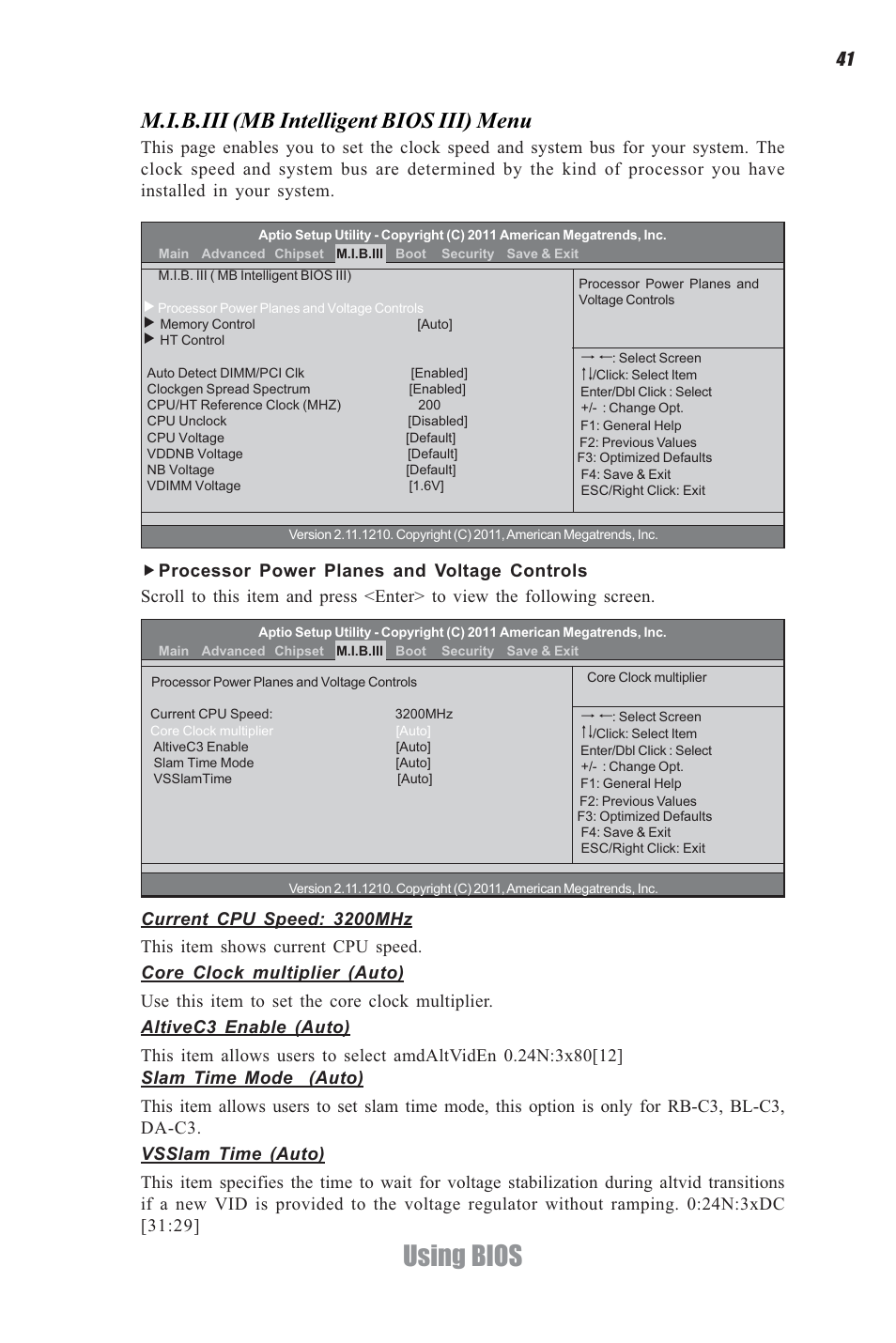 Using bios, M.i.b.iii (mb intelligent bios iii) menu | Elitegroup A960M-M2 (V1.0) User Manual | Page 45 / 68