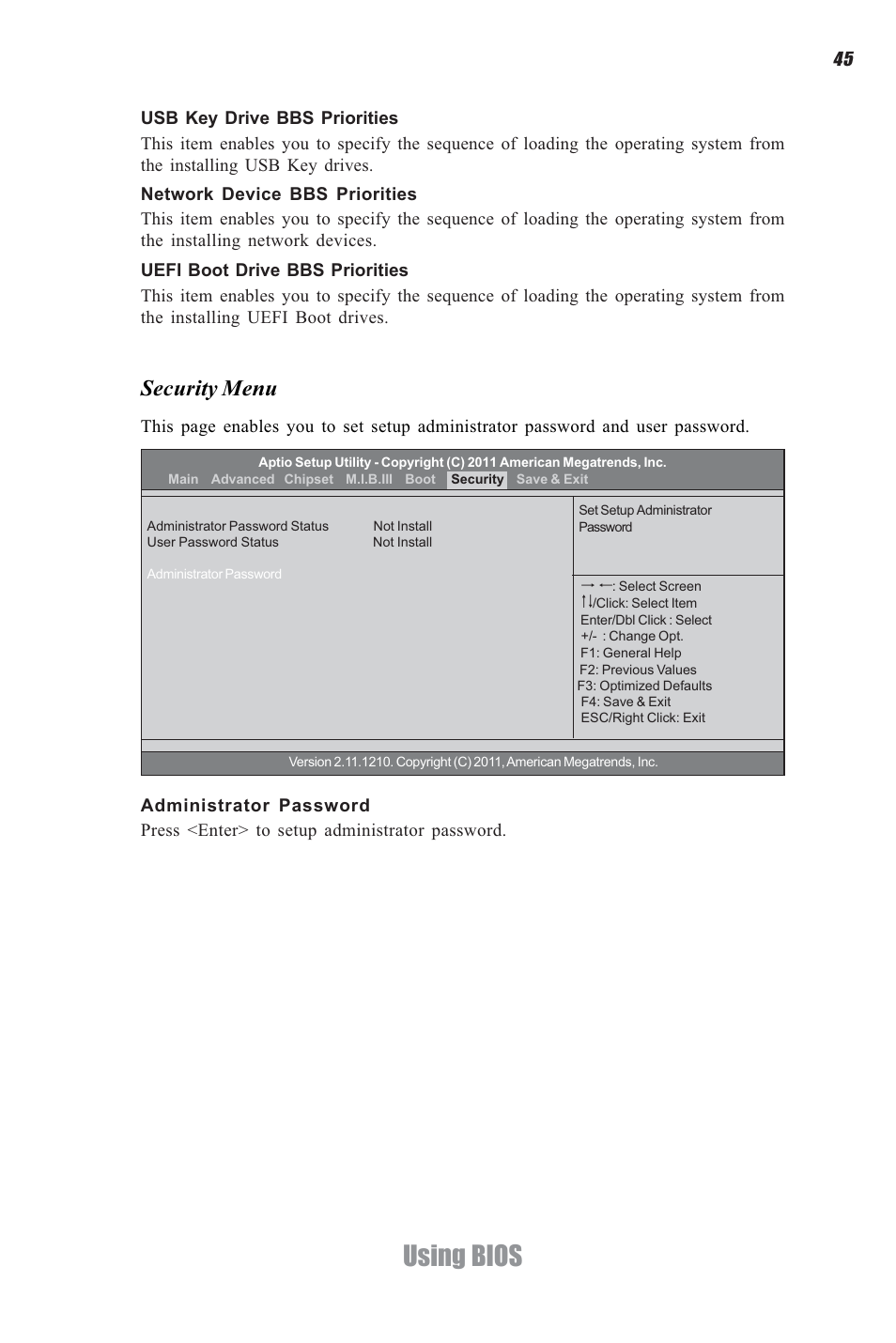 Using bios, Security menu | Elitegroup A960M-M2 (V1.0) User Manual | Page 49 / 68