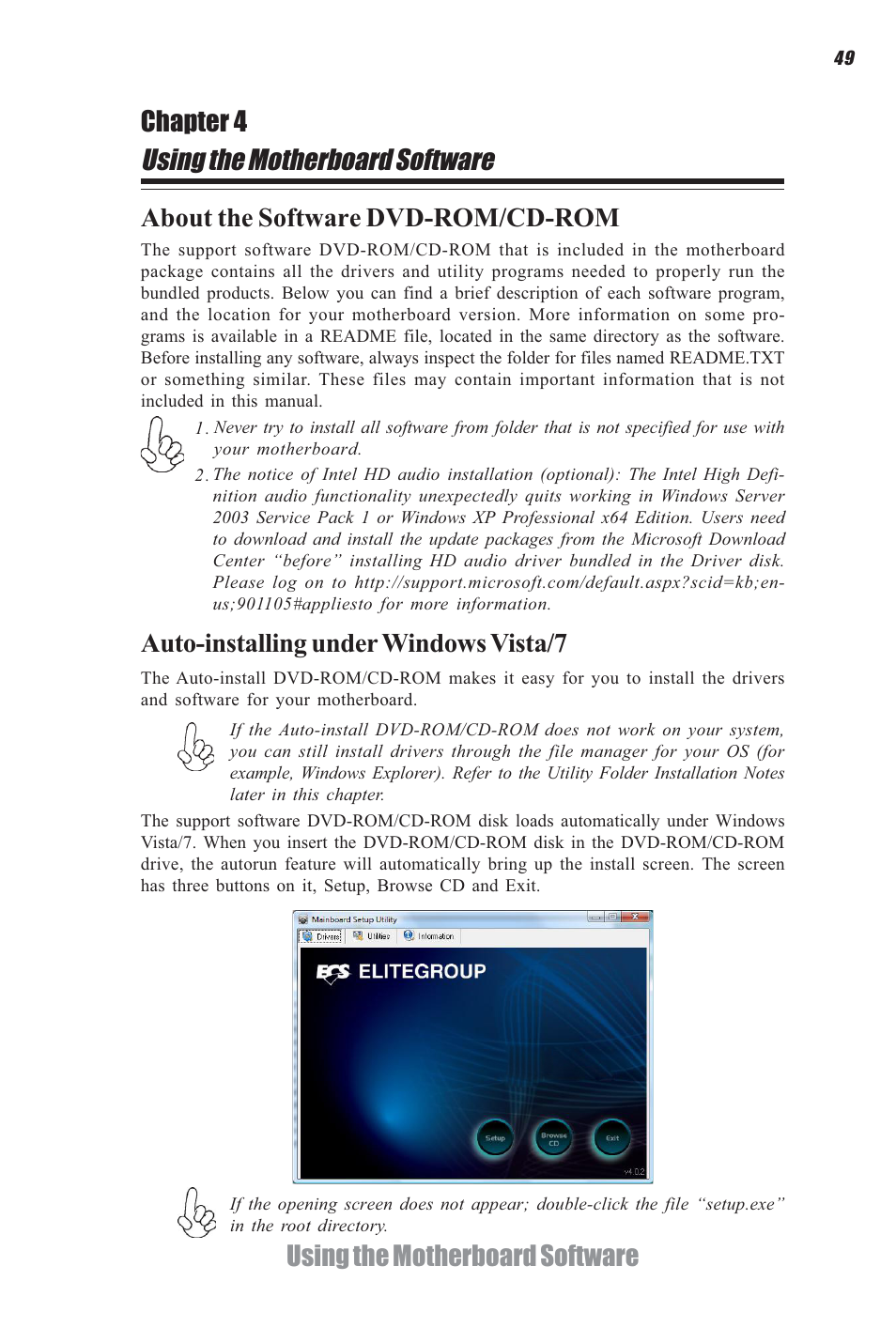 Using the motherboard software, Using the motherboard software chapter 4, Auto-installing under windows vista/7 | About the software dvd-rom/cd-rom | Elitegroup A960M-M2 (V1.0) User Manual | Page 53 / 68
