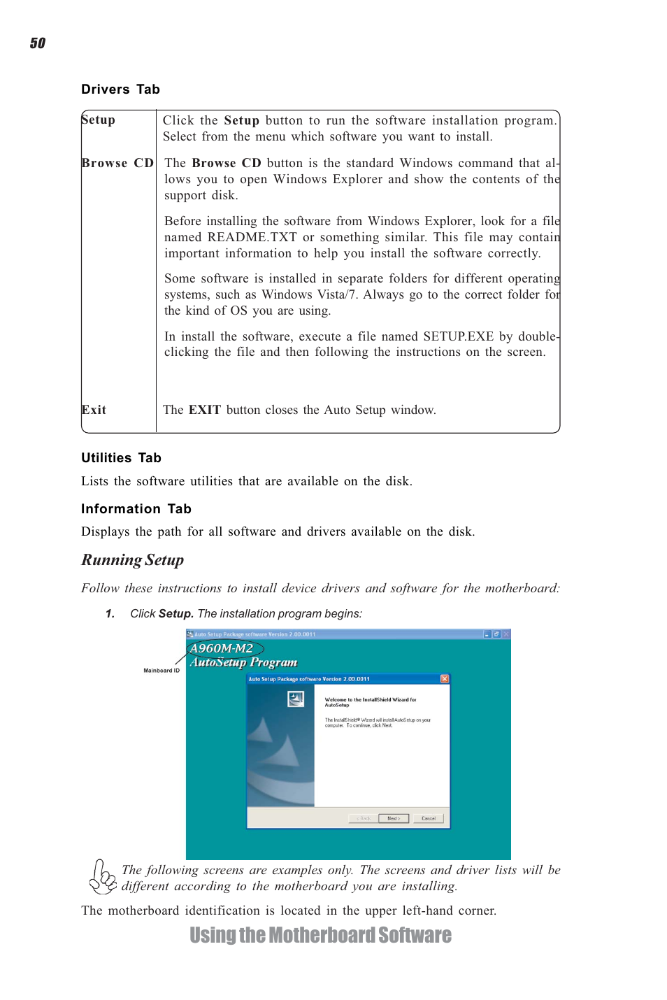 Using the motherboard software, Running setup | Elitegroup A960M-M2 (V1.0) User Manual | Page 54 / 68