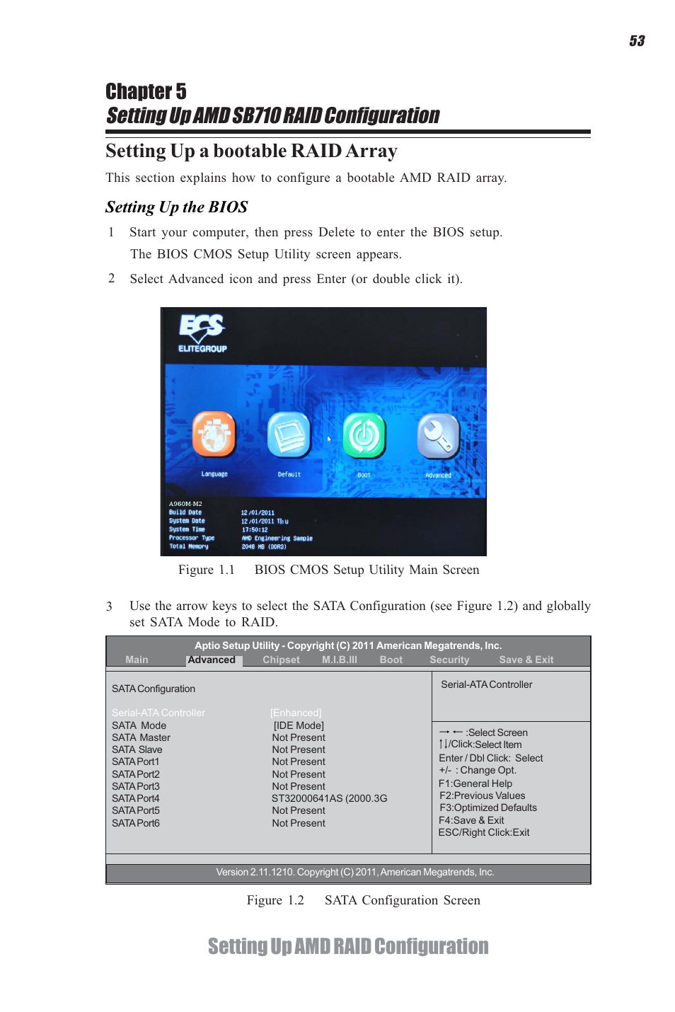 Setting up amd sb710 raid configuration, Setting up amd raid configuration, Setting up a bootable raid array | Chapter 5, Setting up the bios | Elitegroup A960M-M2 (V1.0) User Manual | Page 57 / 68