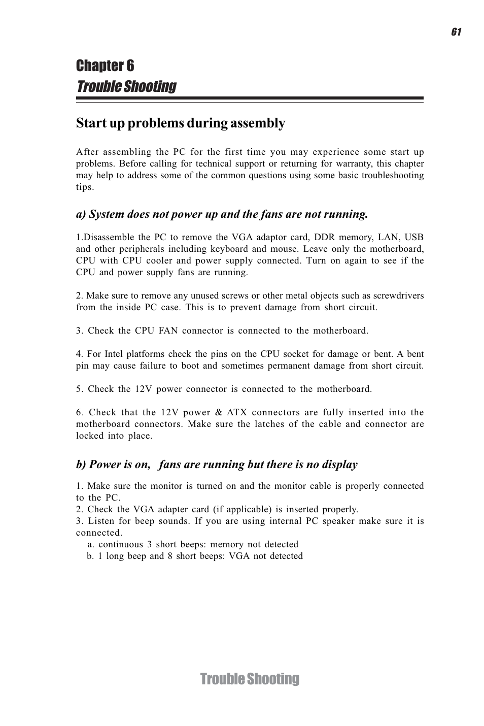 Trouble shooting, Trouble shooting chapter 6, Start up problems during assembly | Elitegroup A960M-M2 (V1.0) User Manual | Page 65 / 68