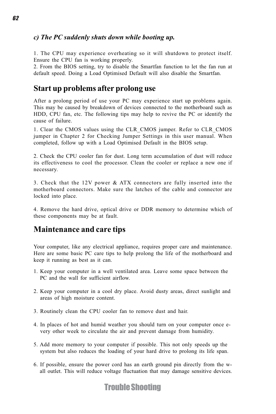 Trouble shooting, Maintenance and care tips, Start up problems after prolong use | Elitegroup A960M-M2 (V1.0) User Manual | Page 66 / 68