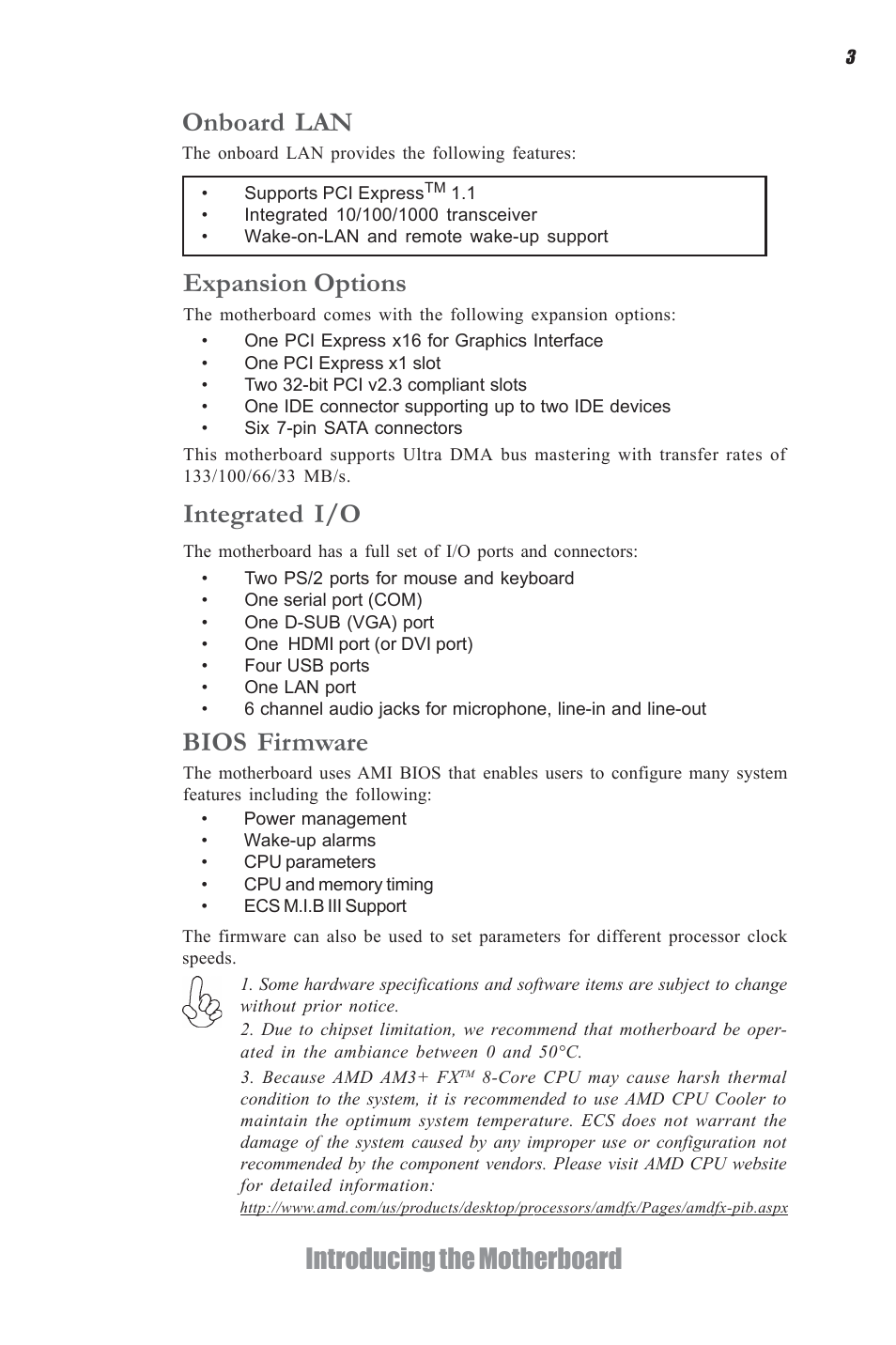 Introducing the motherboard onboard lan, Expansion options, Integrated i/o | Bios firmware | Elitegroup A960M-M2 (V1.0) User Manual | Page 7 / 68