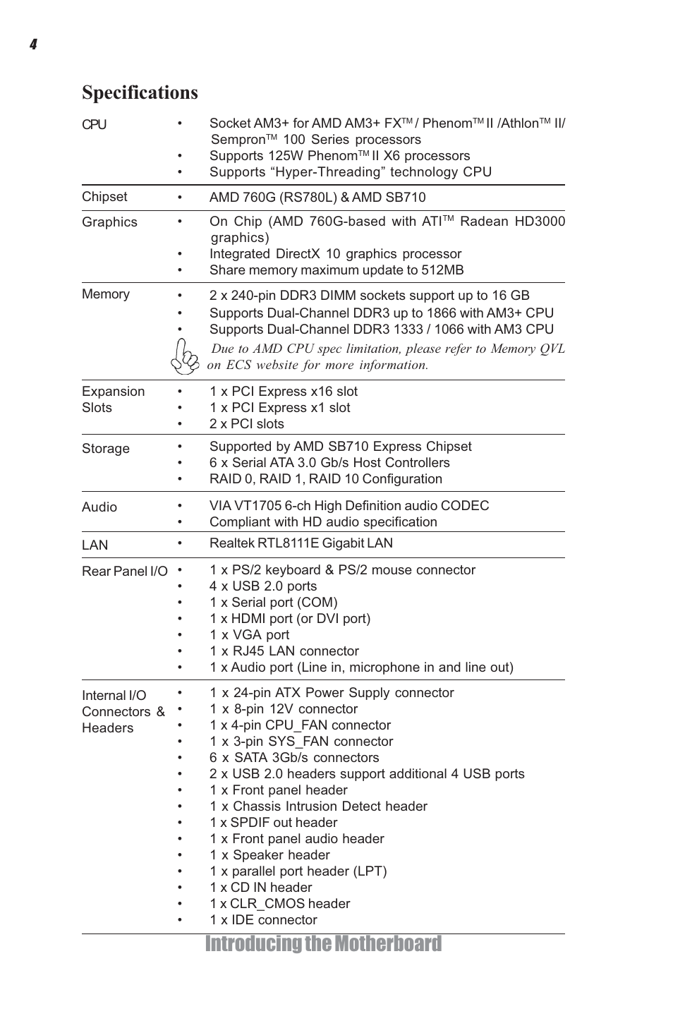 Introducing the motherboard, Specifications | Elitegroup A960M-M2 (V1.0) User Manual | Page 8 / 68