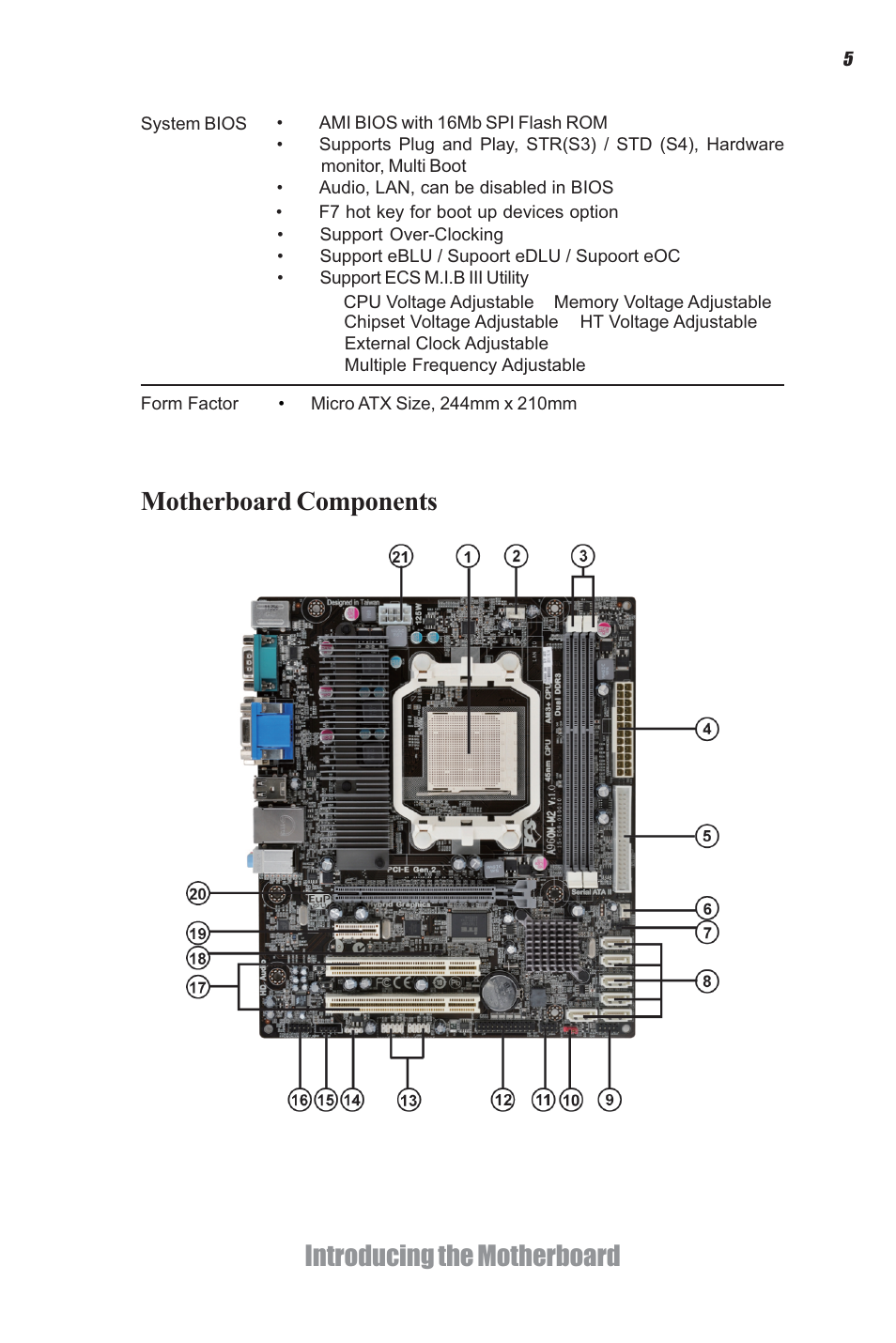 Introducing the motherboard, Motherboard components | Elitegroup A960M-M2 (V1.0) User Manual | Page 9 / 68