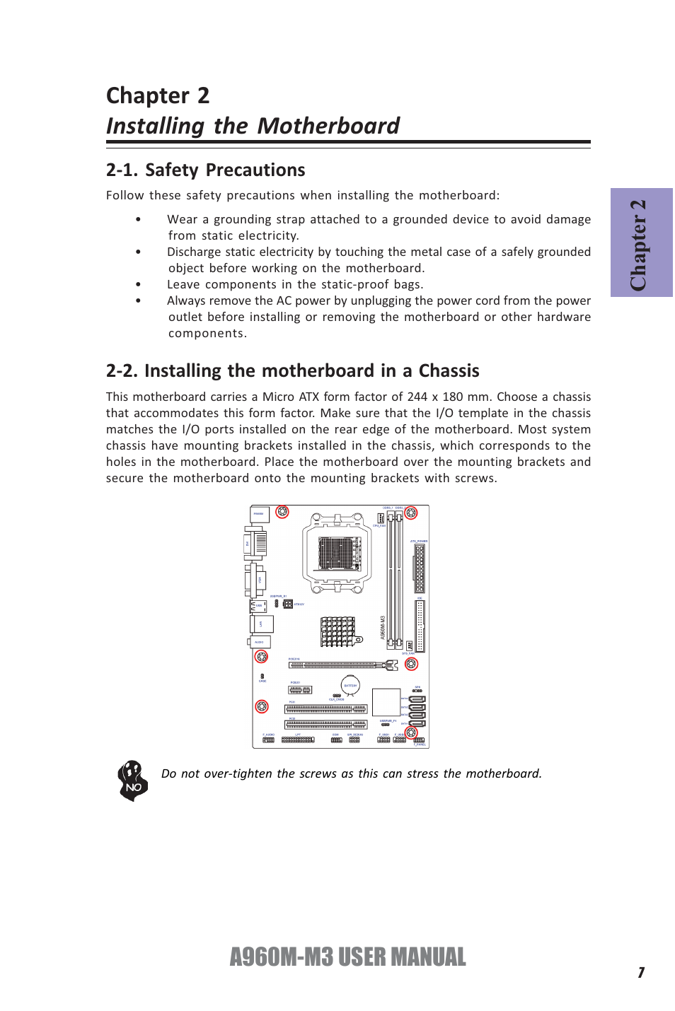 Chapter 2 installing the motherboard, A960m-m3 user manual, Chapter 2 | Elitegroup A960M-M3 (V1.0) User Manual | Page 11 / 68