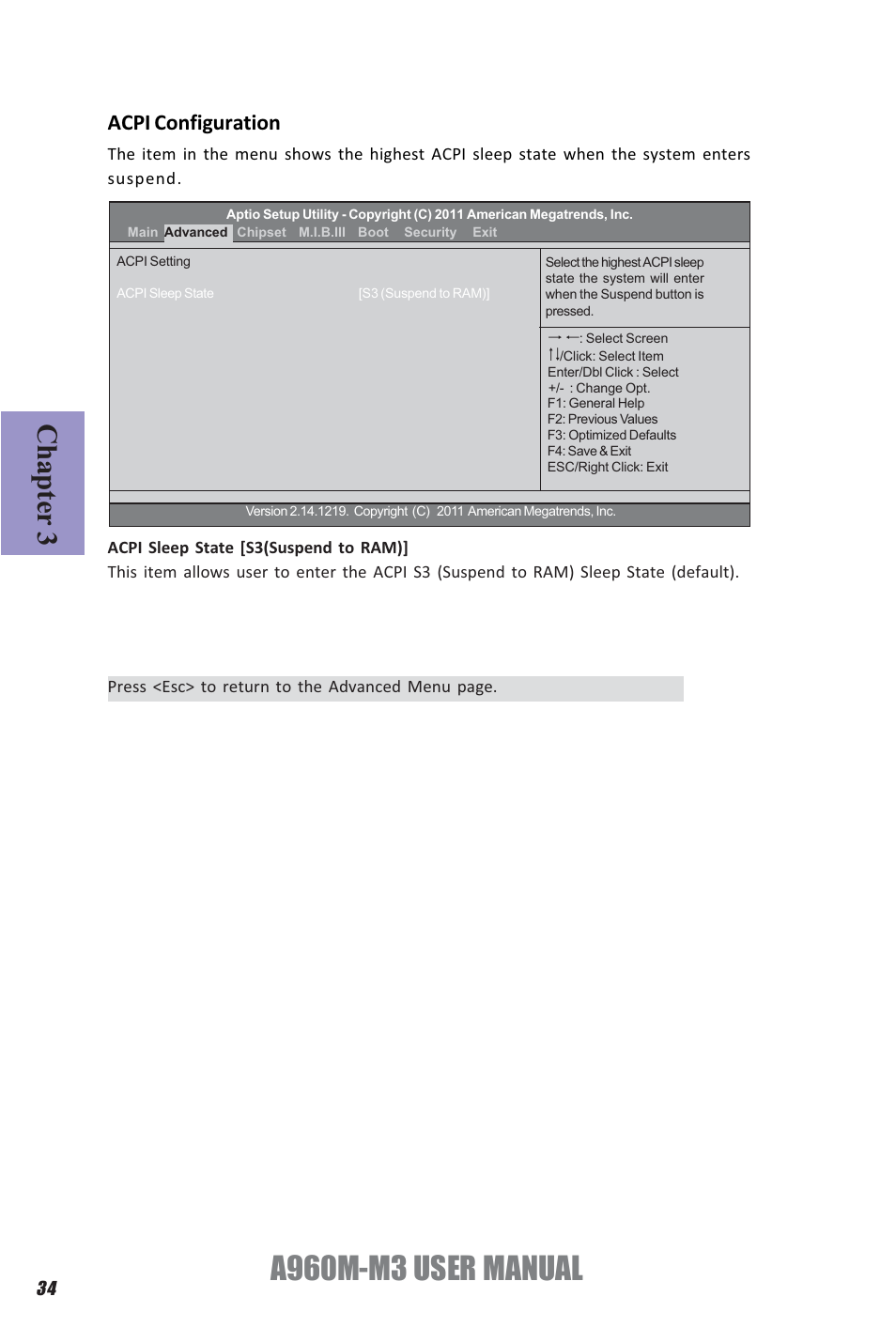 A960m-m3 user manual, Chapter 3, Acpi configuration | Elitegroup A960M-M3 (V1.0) User Manual | Page 38 / 68