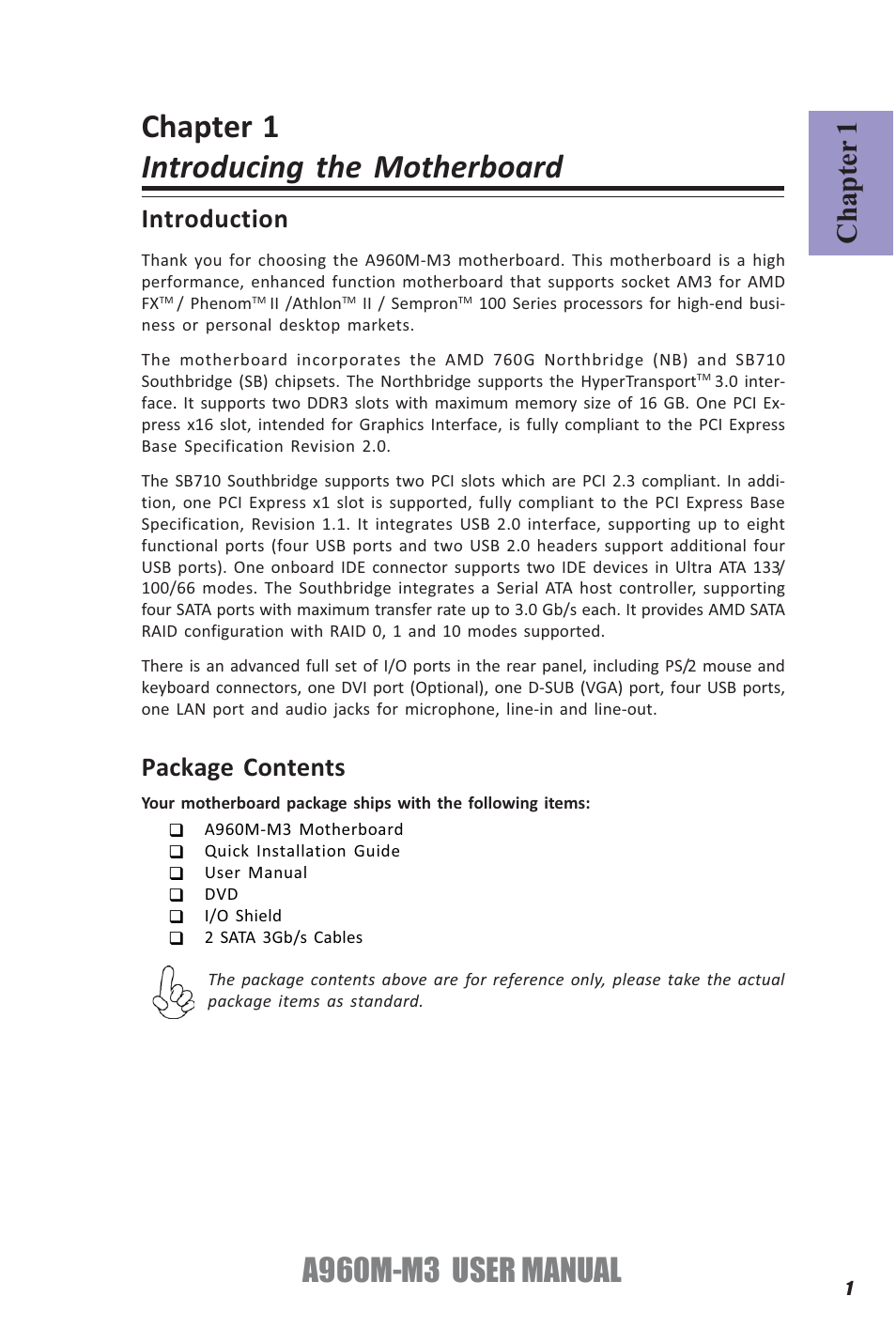 Chapter 1 introducing the motherboard, A960m-m3 user manual, Chapter 1 | Introduction, Package contents | Elitegroup A960M-M3 (V1.0) User Manual | Page 5 / 68