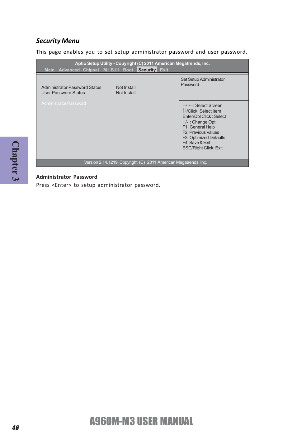 A960m-m3 user manual, Chapter 3, Security menu | Elitegroup A960M-M3 (V1.0) User Manual | Page 50 / 68