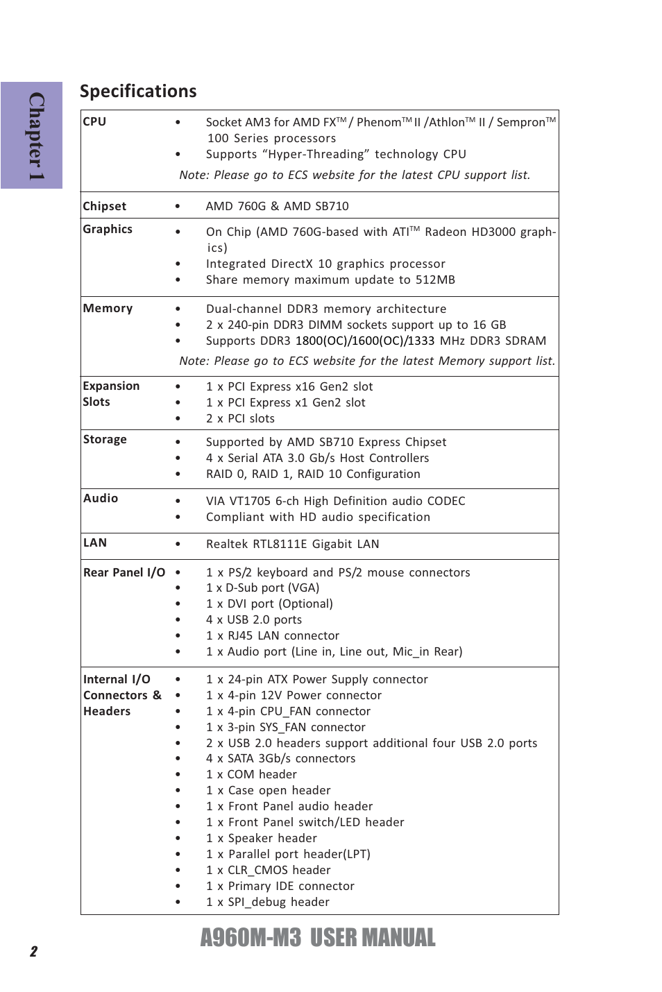 A960m-m3 user manual, Chapter 1, Specifications | Elitegroup A960M-M3 (V1.0) User Manual | Page 6 / 68