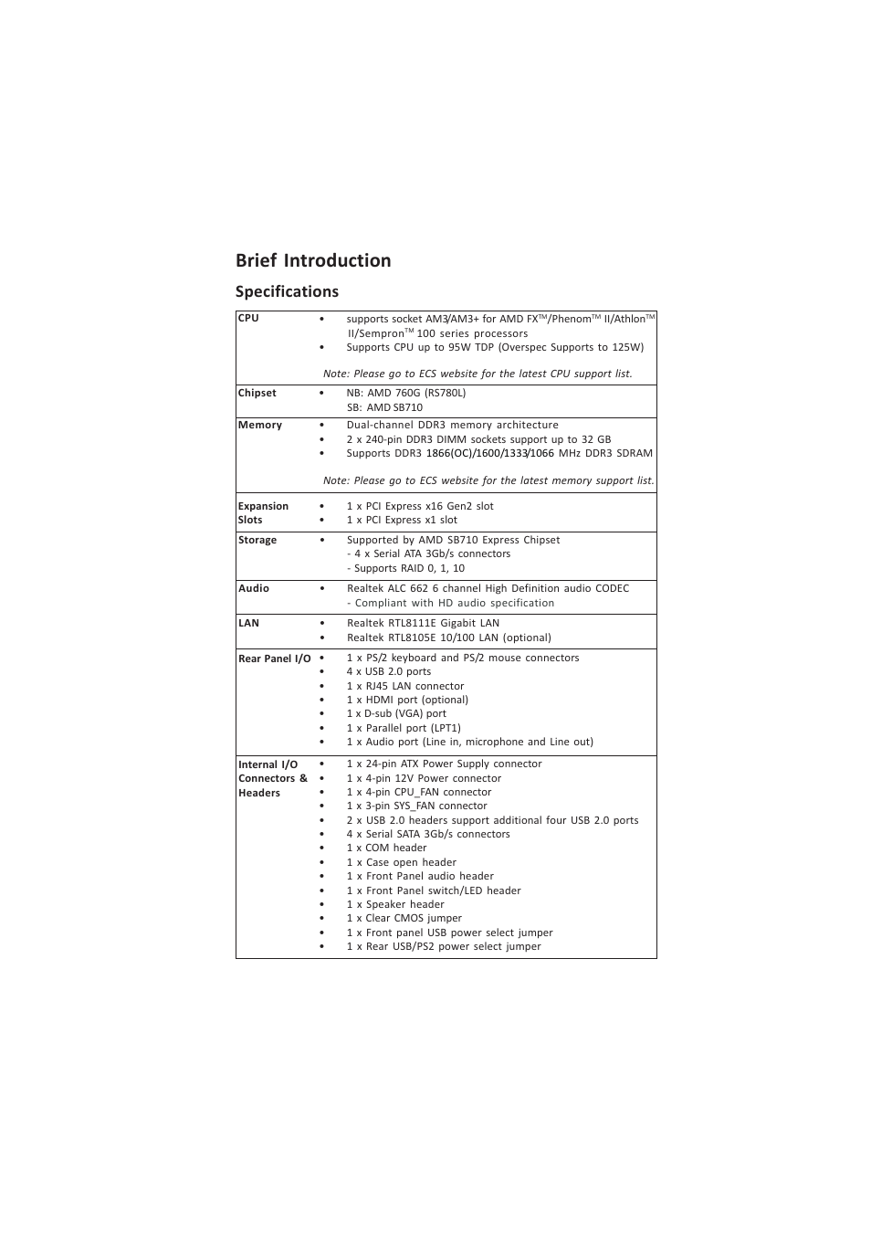 A960m-m4 user manual, Brief introduction, Specifications | Elitegroup A960M-M4 (V1.0) User Manual | Page 3 / 30