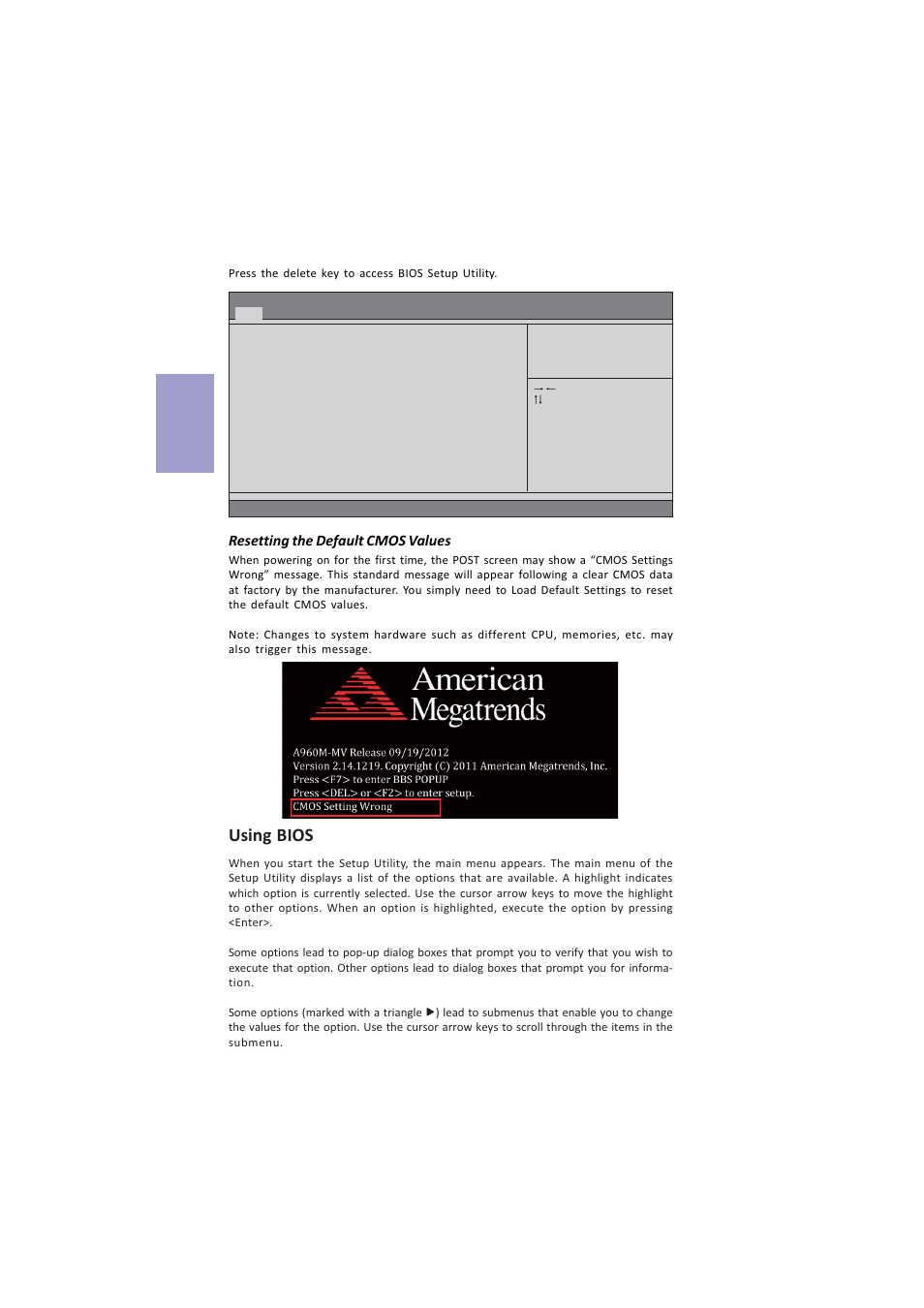 A960m-mv user manual, Chapter 2, Using bios | Resetting the default cmos values | Elitegroup A960M-MV (V1.0A) User Manual | Page 12 / 82