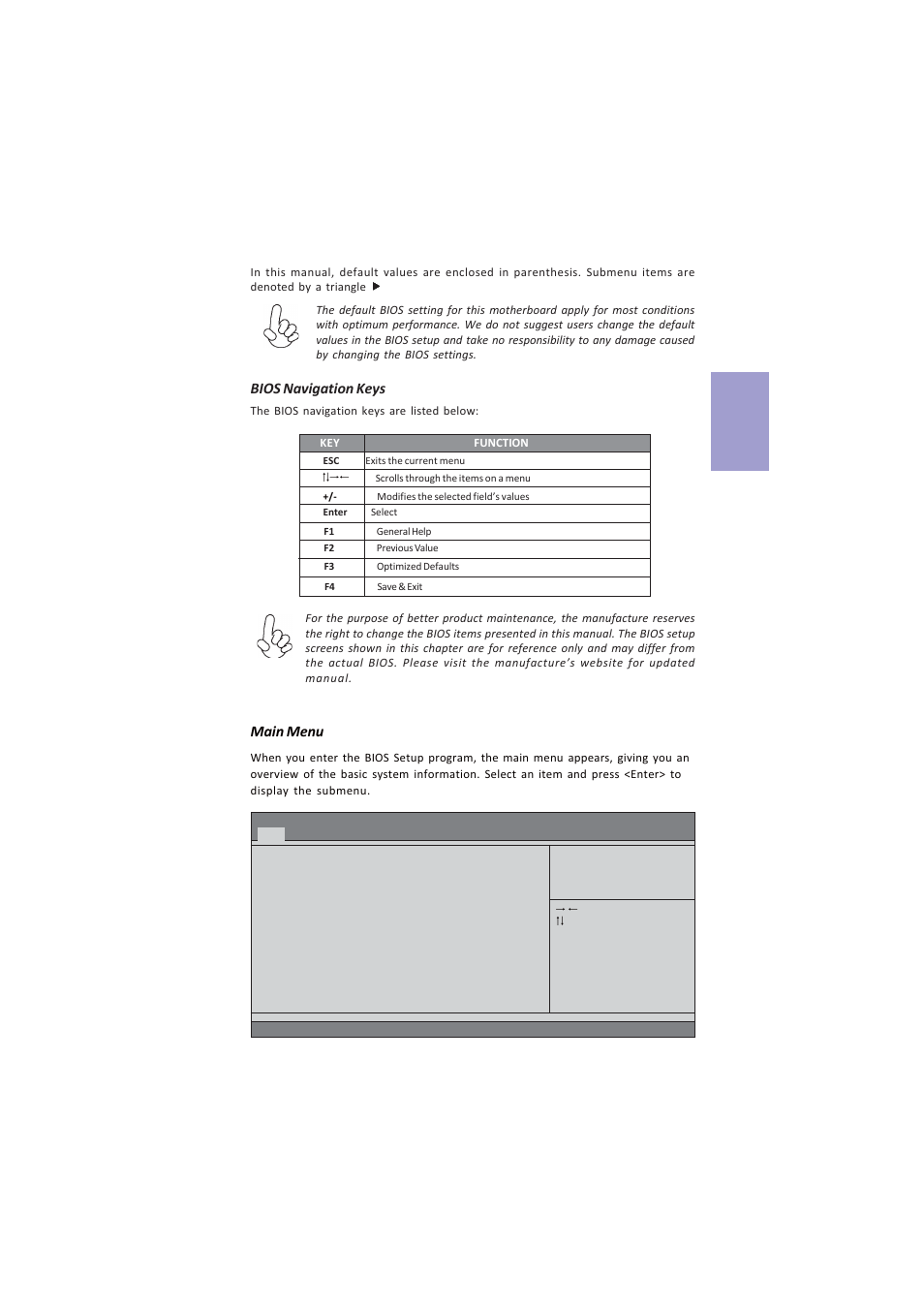 A960m-mv user manual, Chapter 2, Bios navigation keys | Main menu | Elitegroup A960M-MV (V1.0A) User Manual | Page 13 / 82