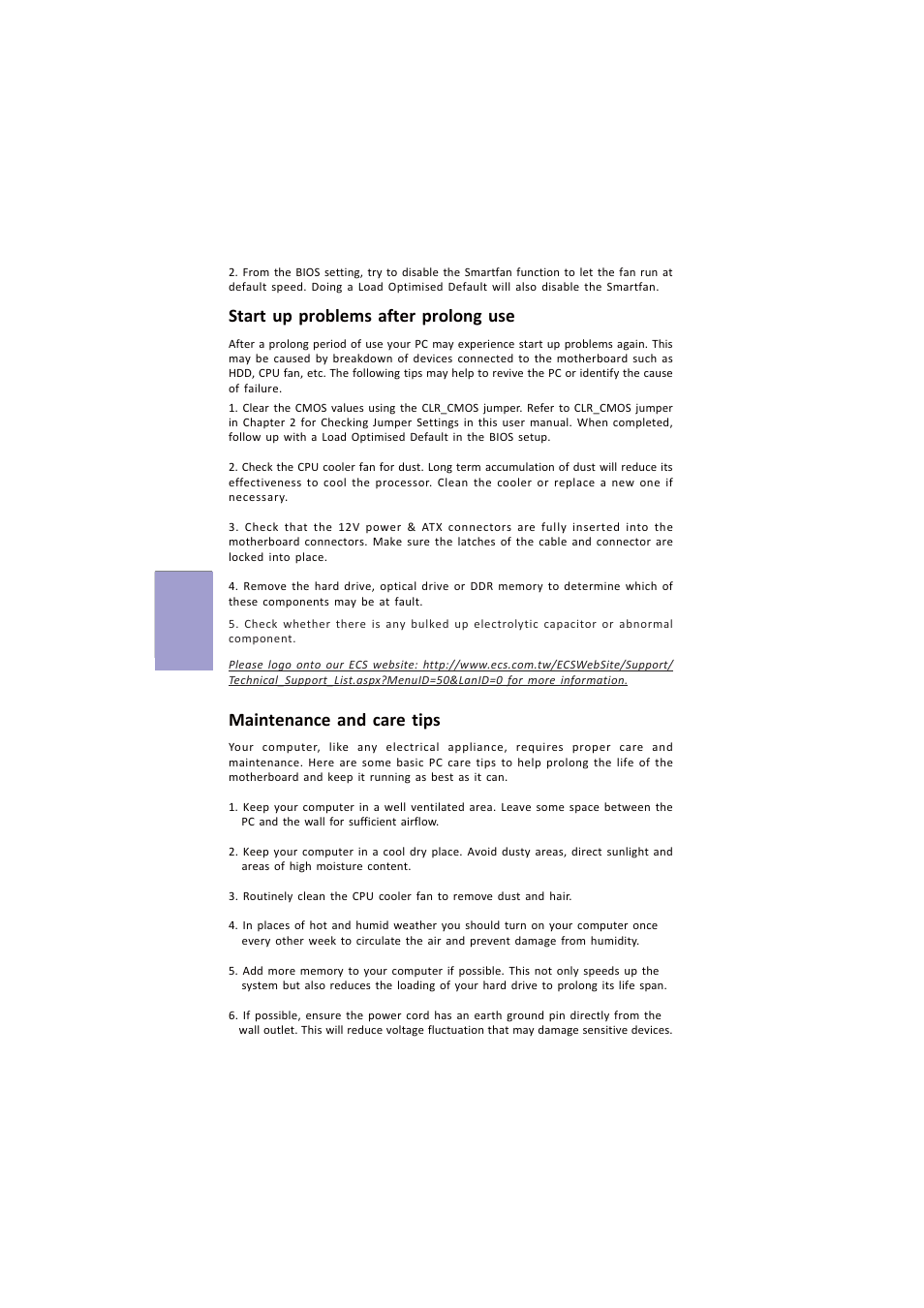 A960m-mv user manual, Chapter 4, Start up problems after prolong use | Maintenance and care tips | Elitegroup A960M-MV (V1.0A) User Manual | Page 44 / 82