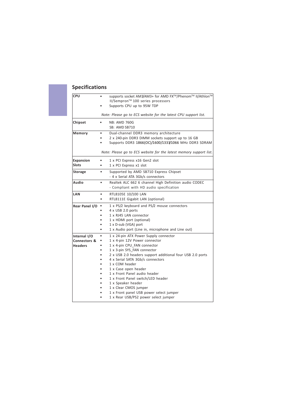 A960m-mv user manual, Chapter 1, Specifications | Elitegroup A960M-MV (V1.0A) User Manual | Page 6 / 82