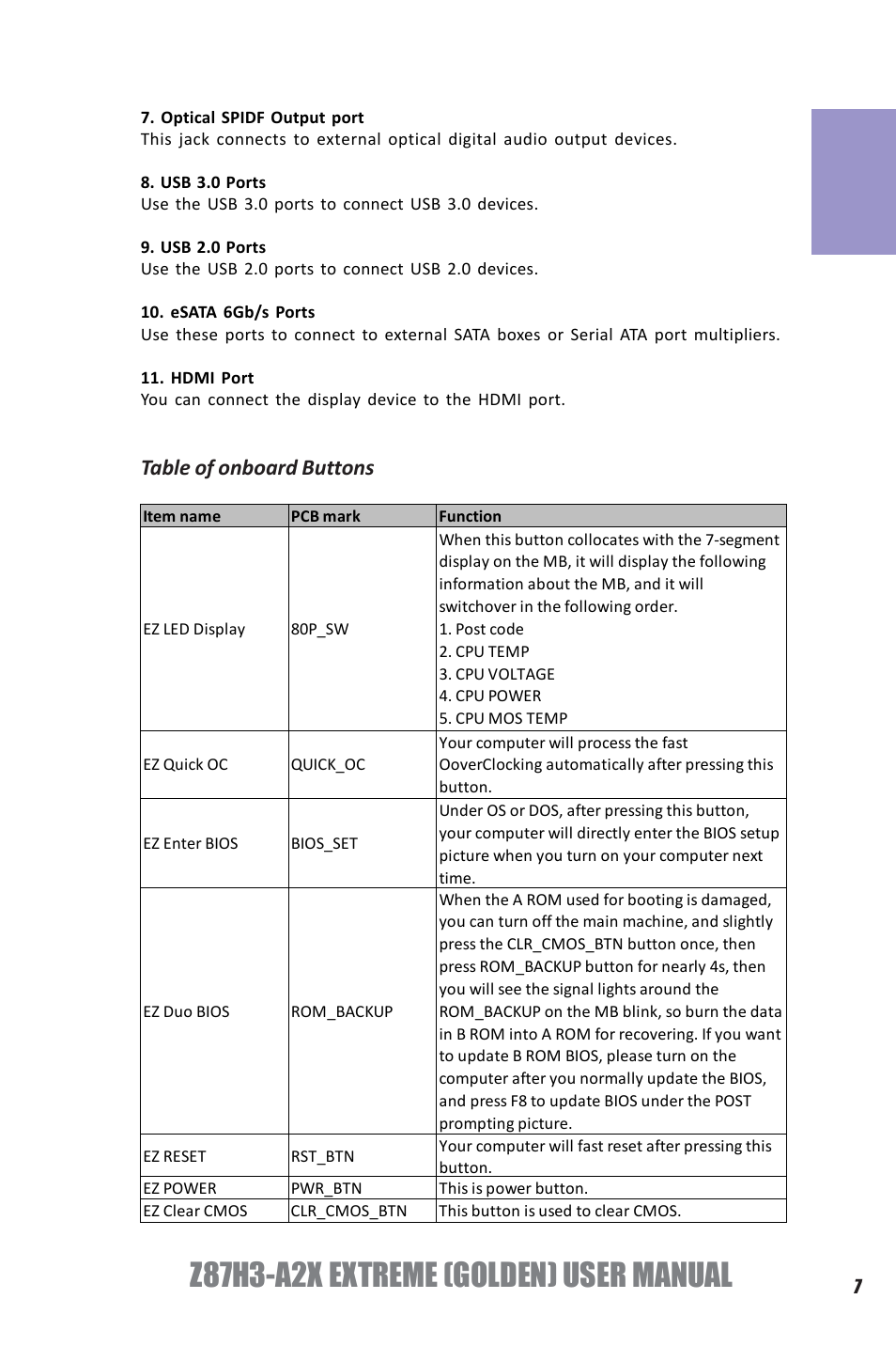 Z87h3-a2x extreme (golden) user manual, Chapter 1, Table of onboard buttons | Elitegroup Z87H3-A2X GOLDEN (V1.0) User Manual | Page 13 / 104