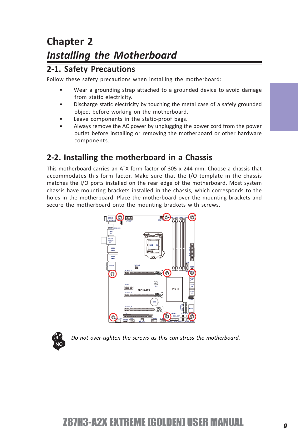 Chapter 2 installing the motherboard, Z87h3-a2x extreme (golden) user manual, Chapter 2 | Elitegroup Z87H3-A2X GOLDEN (V1.0) User Manual | Page 15 / 104