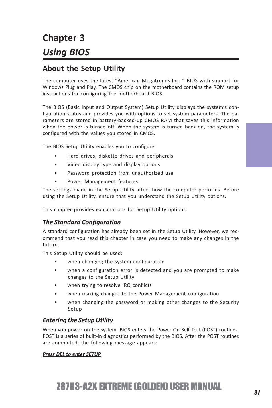 Chapter 3 using bios, Z87h3-a2x extreme (golden) user manual, Chapter 3 | About the setup utility | Elitegroup Z87H3-A2X GOLDEN (V1.0) User Manual | Page 37 / 104