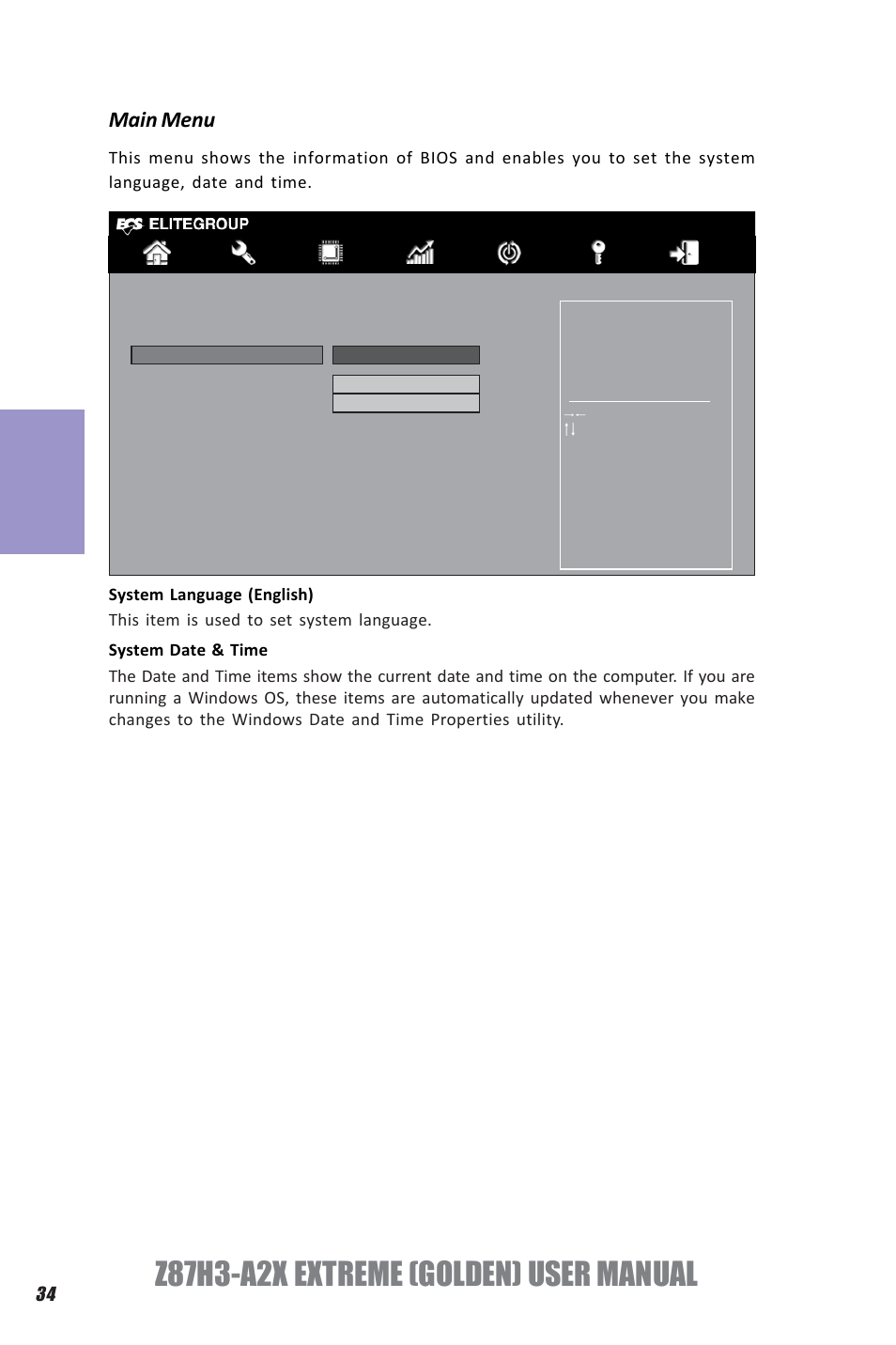 Z87h3-a2x extreme (golden) user manual, Chapter 3, Main menu | Elitegroup Z87H3-A2X GOLDEN (V1.0) User Manual | Page 40 / 104