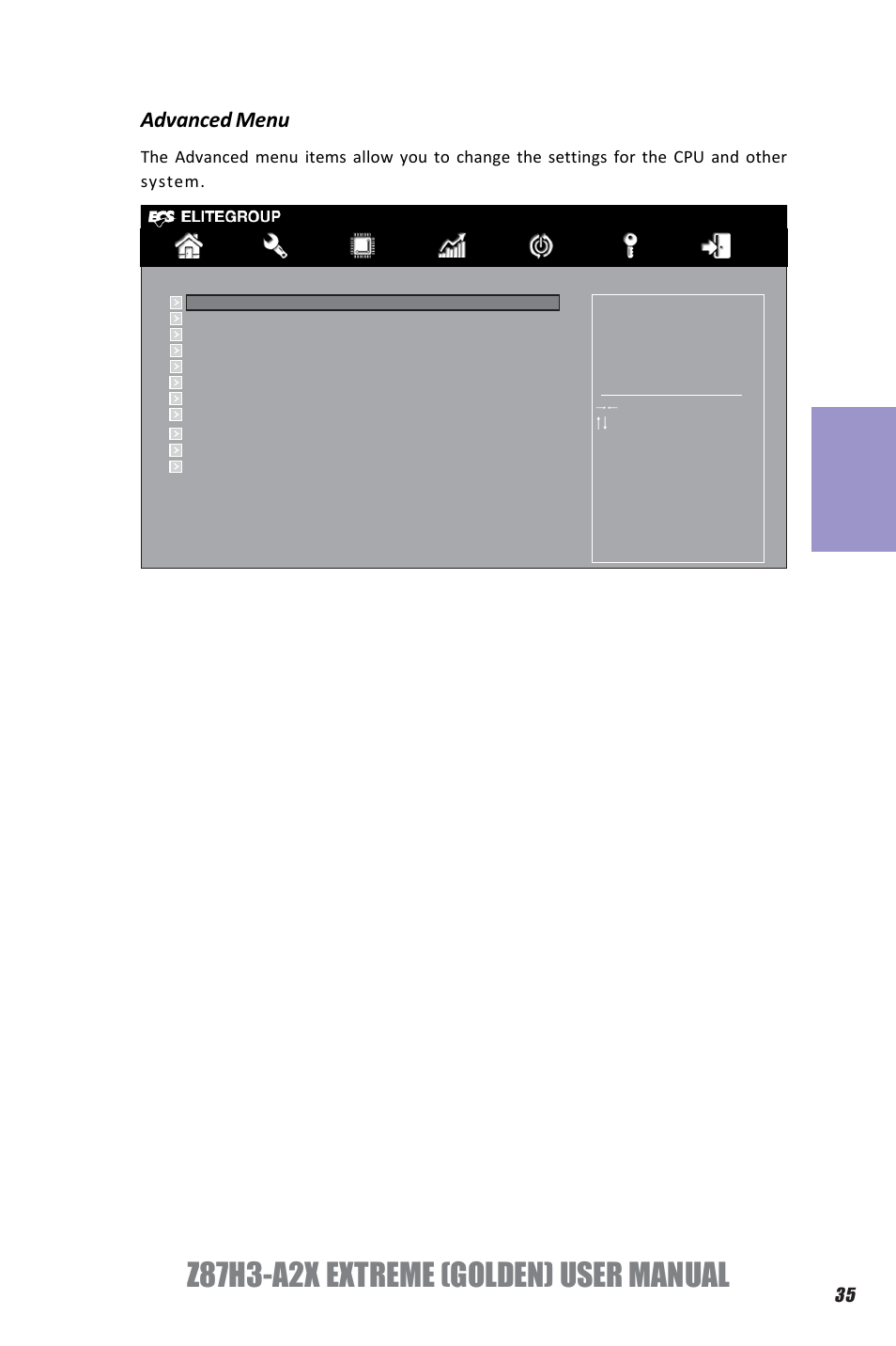 Z87h3-a2x extreme (golden) user manual, Chapter 3, Advanced menu | Elitegroup Z87H3-A2X GOLDEN (V1.0) User Manual | Page 41 / 104