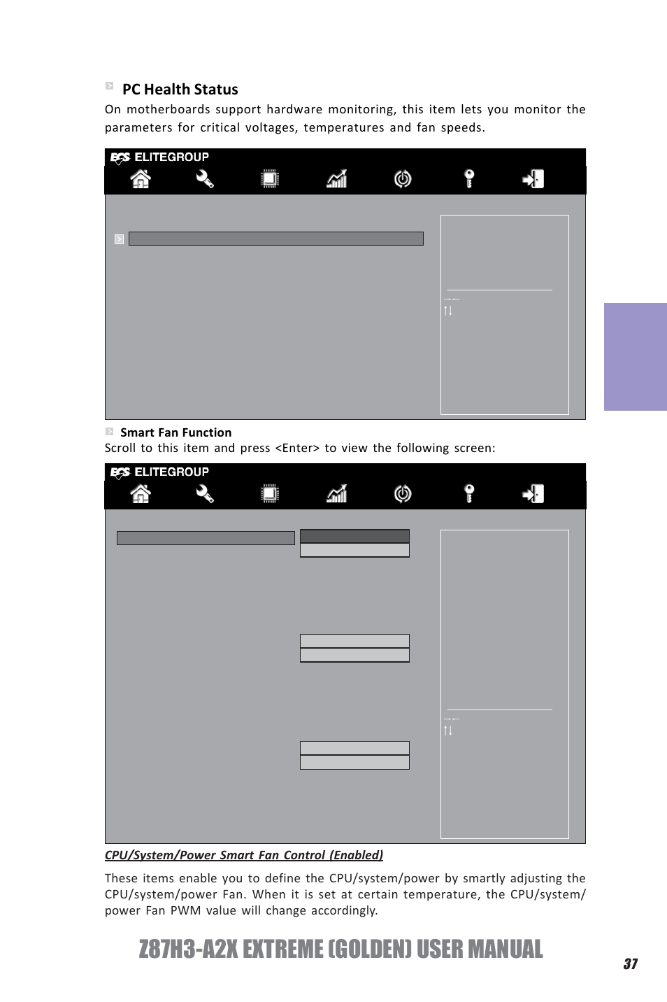 Z87h3-a2x extreme (golden) user manual, Chapter 3, Pc health status | Elitegroup Z87H3-A2X GOLDEN (V1.0) User Manual | Page 43 / 104