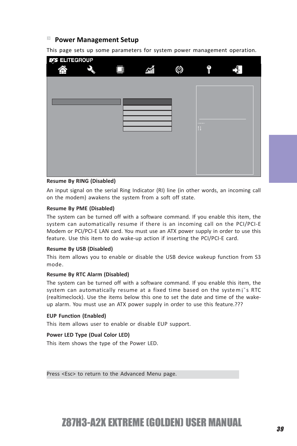 Z87h3-a2x extreme (golden) user manual, Chapter 3, Power management setup | Elitegroup Z87H3-A2X GOLDEN (V1.0) User Manual | Page 45 / 104
