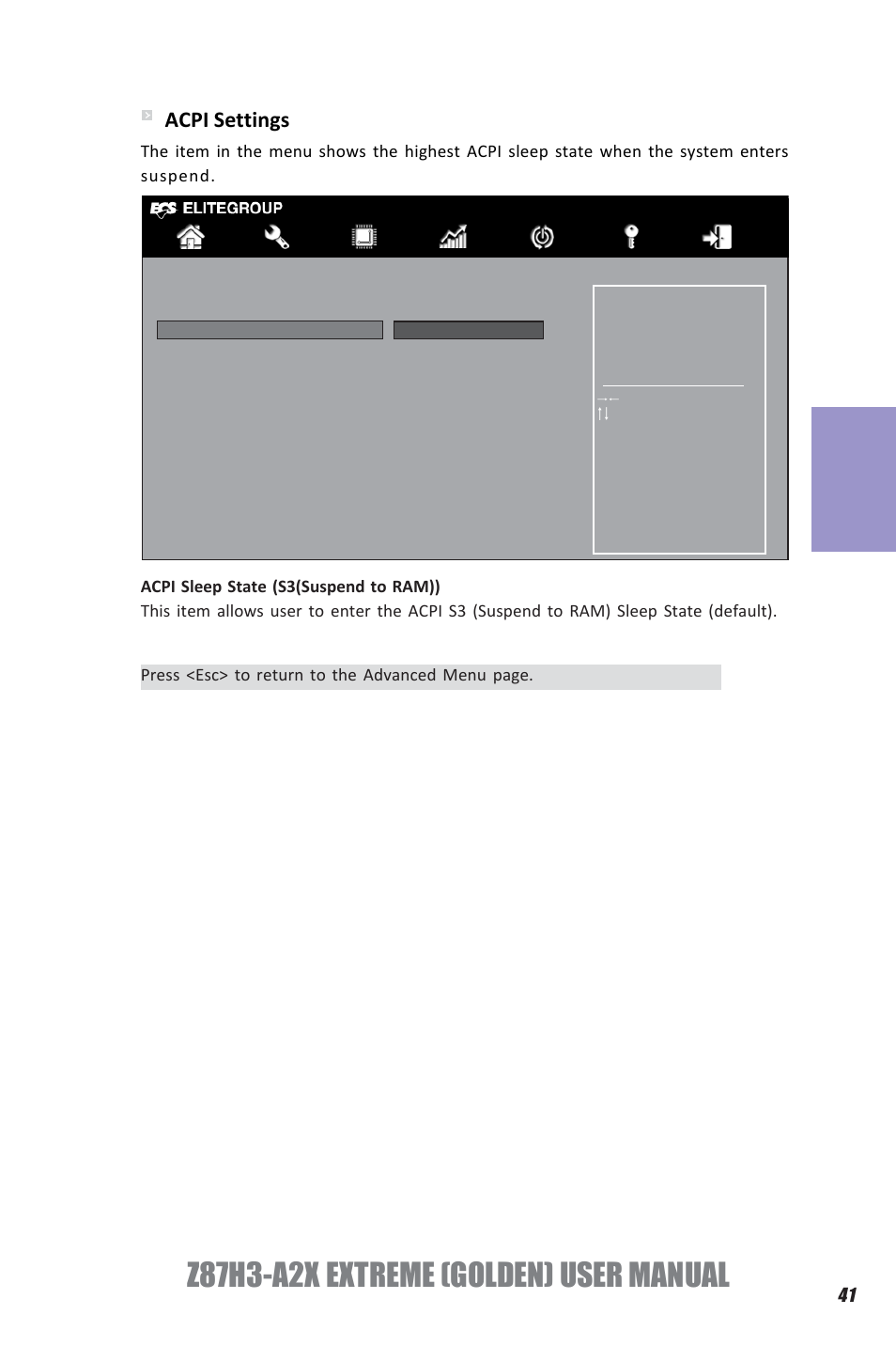 Z87h3-a2x extreme (golden) user manual, Chapter 3, Acpi settings | Elitegroup Z87H3-A2X GOLDEN (V1.0) User Manual | Page 47 / 104