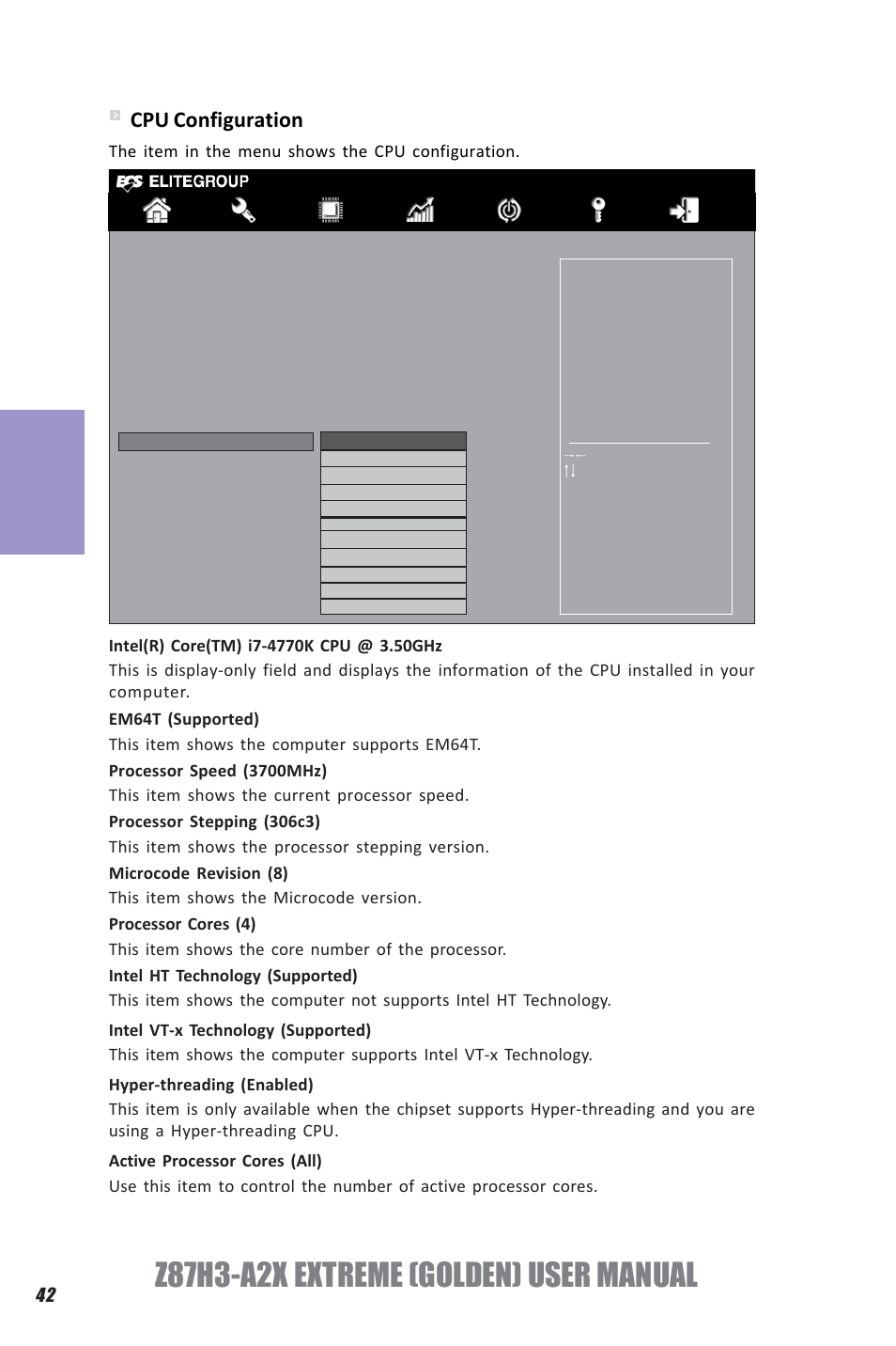 Z87h3-a2x extreme (golden) user manual, Chapter 3, Cpu configuration | Elitegroup Z87H3-A2X GOLDEN (V1.0) User Manual | Page 48 / 104