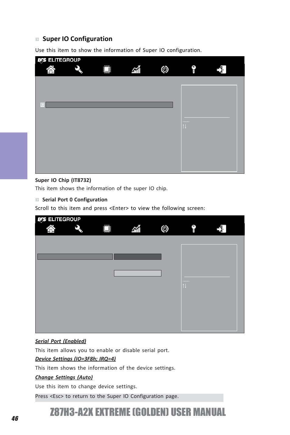 Z87h3-a2x extreme (golden) user manual, Chapter 3, Super io configuration | Elitegroup Z87H3-A2X GOLDEN (V1.0) User Manual | Page 52 / 104