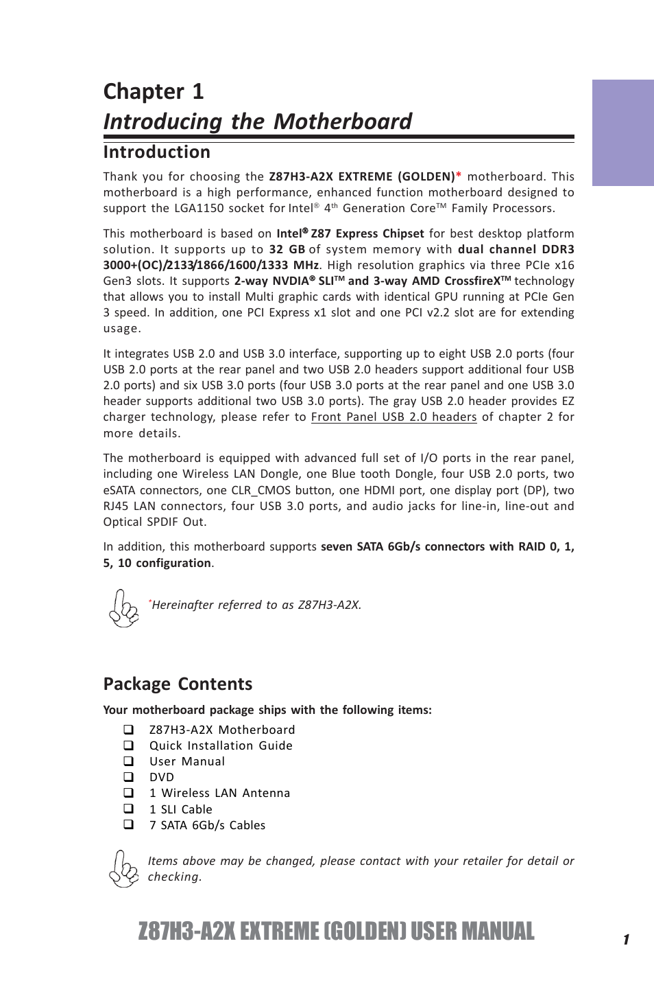 Chapter 1 introducing the motherboard, Z87h3-a2x extreme (golden) user manual, Chapter 1 | Introduction, Package contents | Elitegroup Z87H3-A2X GOLDEN (V1.0) User Manual | Page 7 / 104