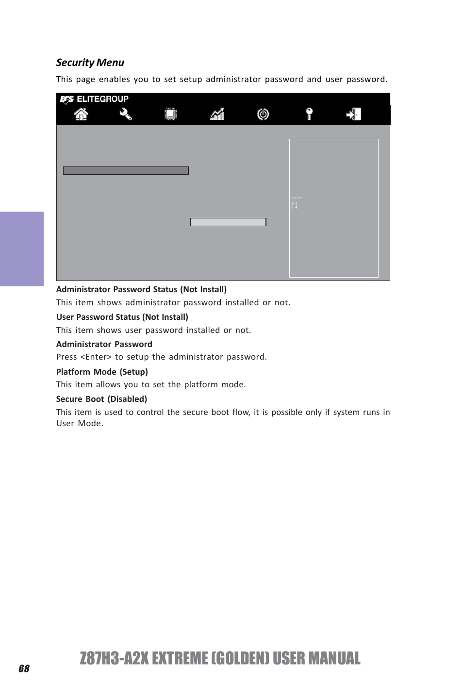 Z87h3-a2x extreme (golden) user manual, Chapter 3, Security menu | Elitegroup Z87H3-A2X GOLDEN (V1.0) User Manual | Page 74 / 104