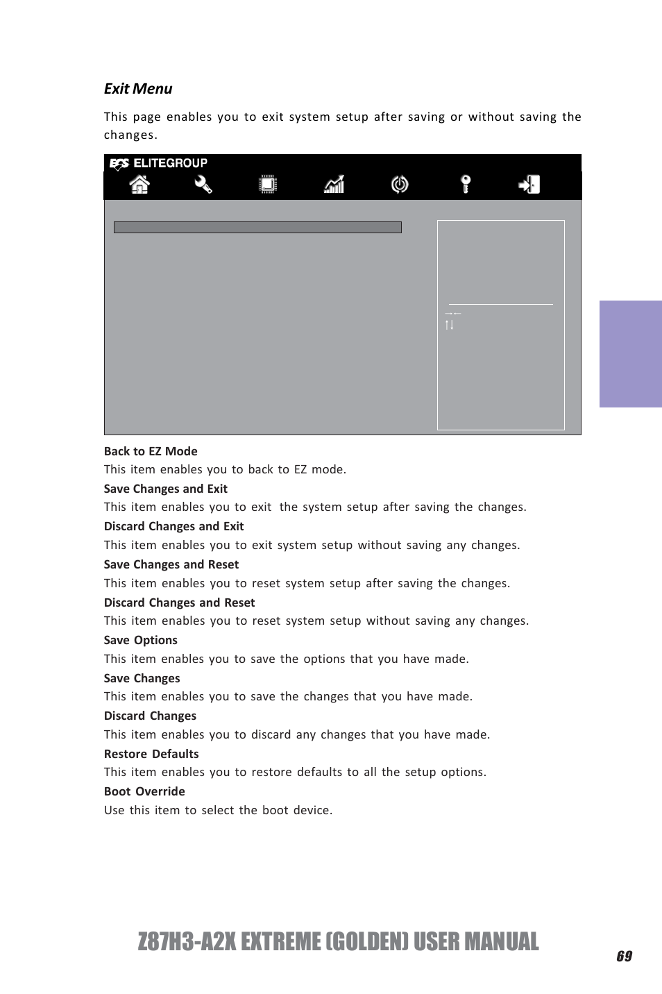 Z87h3-a2x extreme (golden) user manual, Chapter 3, Exit menu | Elitegroup Z87H3-A2X GOLDEN (V1.0) User Manual | Page 75 / 104