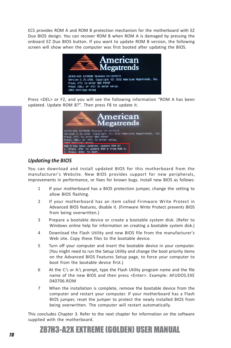 Z87h3-a2x extreme (golden) user manual, Chapter 3, Updating the bios | Elitegroup Z87H3-A2X GOLDEN (V1.0) User Manual | Page 76 / 104