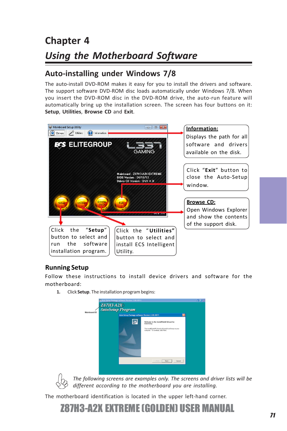 Chapter 4 using the motherboard software, Z87h3-a2x extreme (golden) user manual, Chapter 4 | Auto-installing under windows 7/8 | Elitegroup Z87H3-A2X GOLDEN (V1.0) User Manual | Page 77 / 104